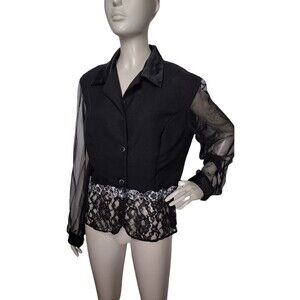 Vintage 90's Y2K Black Satin Collared Sheer Sleeve Lace Peplum Blouse